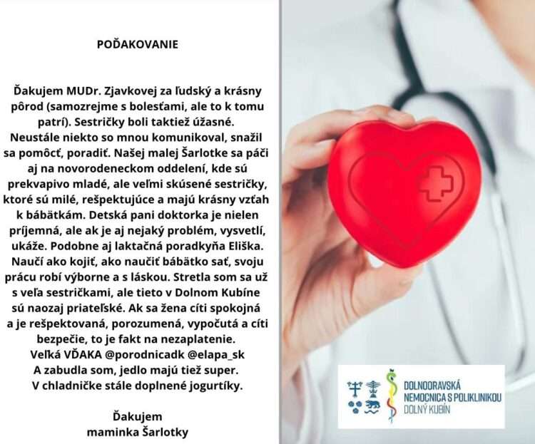 Poďakovanie pre gynekologicko-pôrodnícke oddelenie