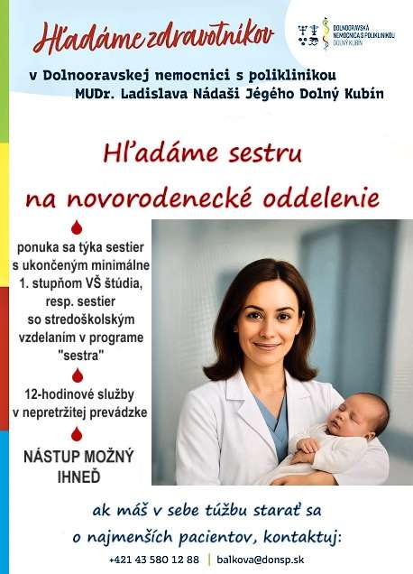 Hľadáme sestru na Novorodenecké oddelenie